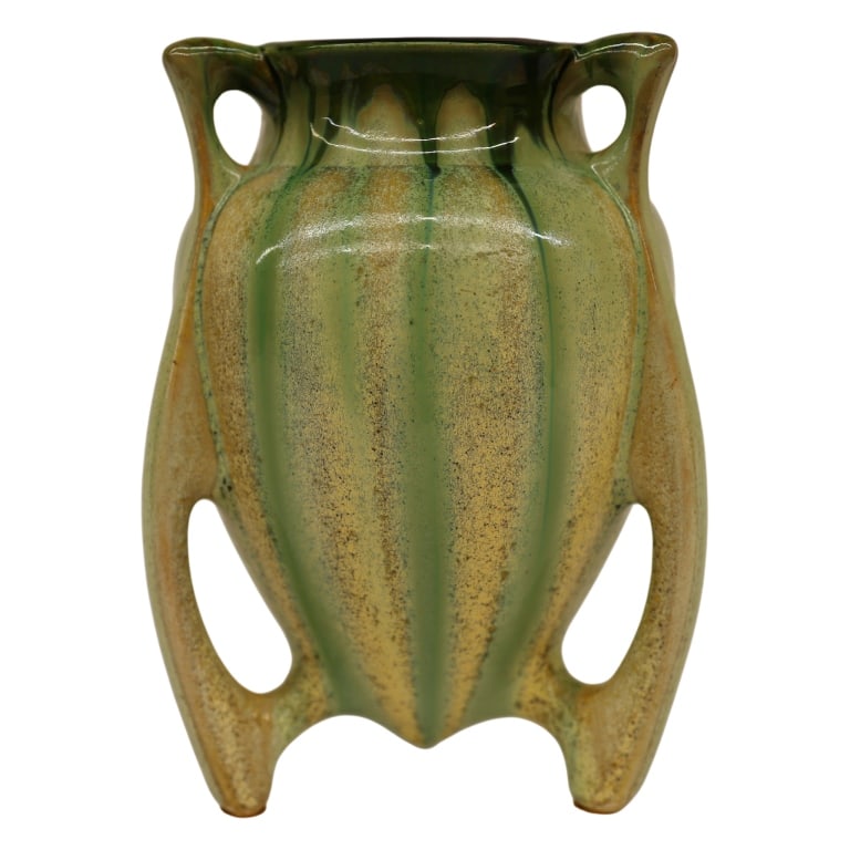 Thulin, Belgium Drip Glaze Tripod Vase: Item/Description: Art Nouveau, glazed rocket-shaped, tripod buttress vase. Art pottery by Faiencerie de Thulin, Belgium, early 20th century. Features three handles to leg modern design. Drip-glaze in 