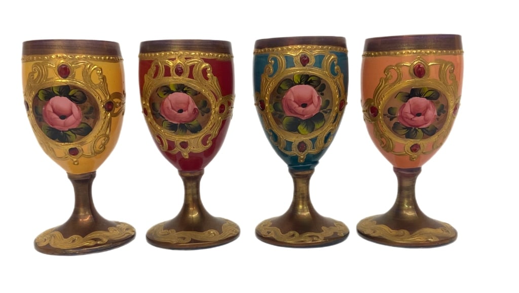 Four Murano 'Tre Fuochi' Cordial Goblets: Item/Description: Mid-century Venetian "Tre Fuochi" (Three Flames or Three Fires) Murano glass stemmed liquor goblets. Each features a classical Baroque style design with pink enamel roses set inside 