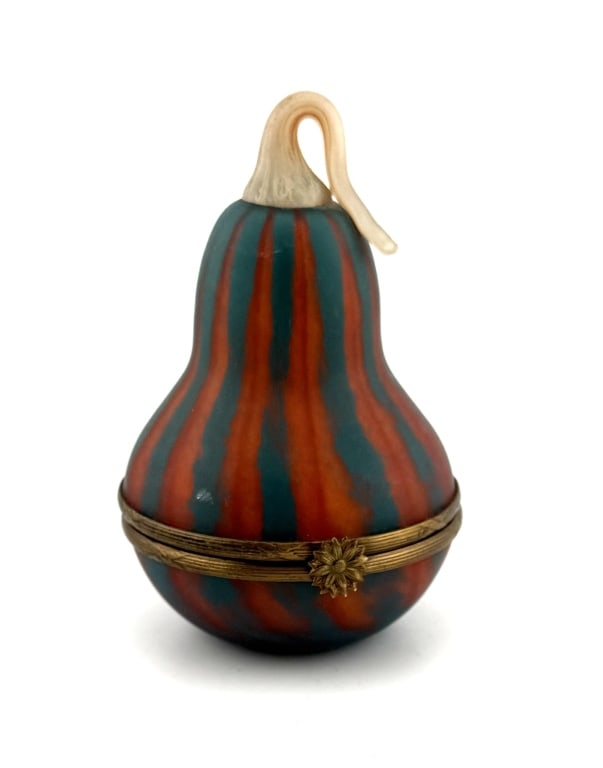 Art Glass Gourd Trinket Box: Item/Description: Art Nouveau style hinged glass trinket box, in the form of a winter squash or striped gourd in teal and orange. Sunflower-shaped metal thumb clasp. No noticeable makers mark. (French