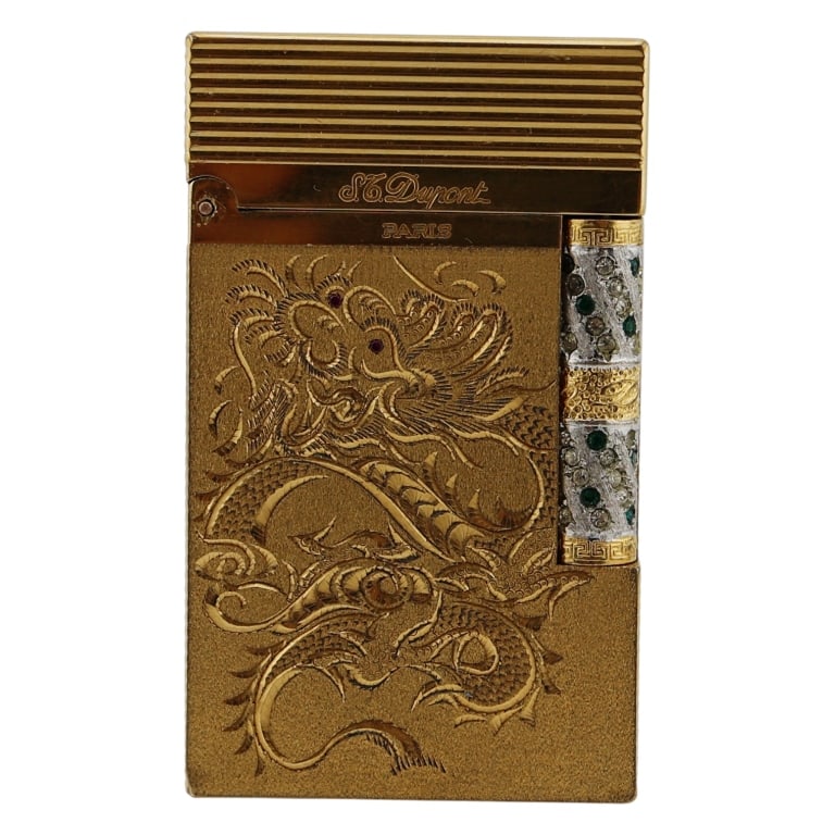 S. T. Dupont Paris Gold Plated Jeweled Lighter: Item/Description: Luxury S.T. Dupont Paris gold plated jeweled rollator lighter. Beautiful in design and aesthetic. Asian aesthetic Expertly crafted in heavy gold plated metal. Classic rectangular sha