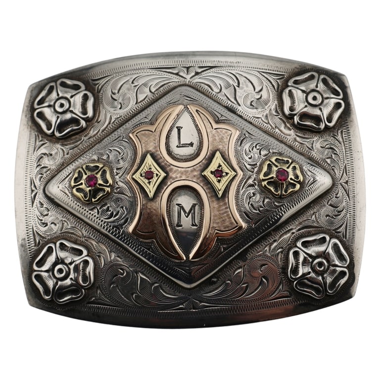 Edward Bohlin Sterling 18K 10K Rubies Belt Buckle: Item/Description: Superb signed belt buckle by master Swiss silversmith, Edward H. Bohlin (1895-1980). Masterfully crafted in Sterling Silver, 18K and 10K gold as a rounded rectangle. Ornate, hand-cha