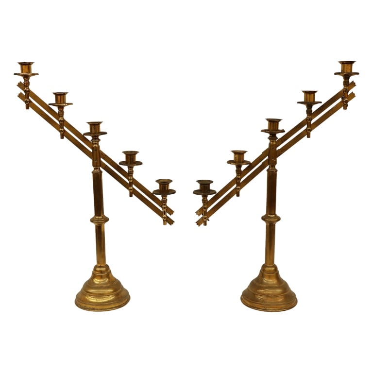 Brass Five Light Adjustable Altar Candelabra Pair - 2
