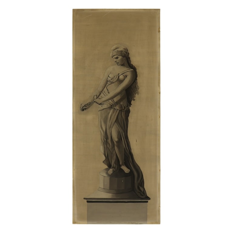 H.T. Jones - Greco-Roman Figural Painting: Item/Description: Original grisaille oil painting depicting a sculpted classical marble statue of a draped female figure rendered in shades of gray, white, and black to mimic carved stone. She stands
