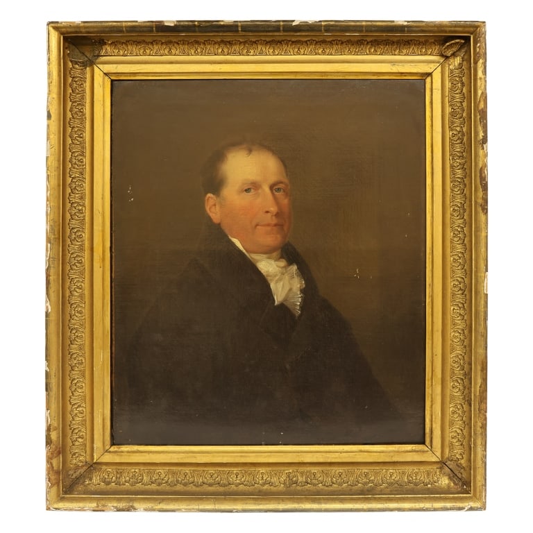 Oil Painting Portrait of a Gentleman: Item/Description: Original half-length portrait oil painting of a distinguished gentleman. Unknown artist. No noticeable signature. English School, 19th Century painting in period giltwood and gesso f
