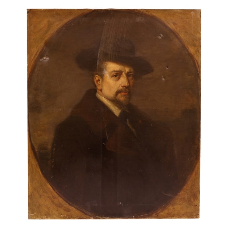 19th Century "Man in the Hat" Portrait Painting: Item/Description: Original antique oil painting portrait of a distinguished gentleman in a coat and hat. Half-length portrait set in a feigned oval. Unframed. Unknown artist. No noticeable signature.
