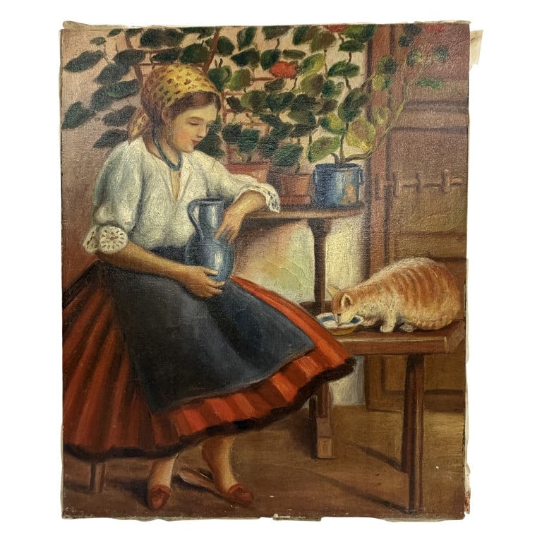 European Oil Painting - Young Girl with Cat: Item/Description: Original, charming rustic interior scene featuring a young girl in traditional folk dress, holding a blue pitcher, watching a cat drink milk from a saucer. Illegibly signed lower lef