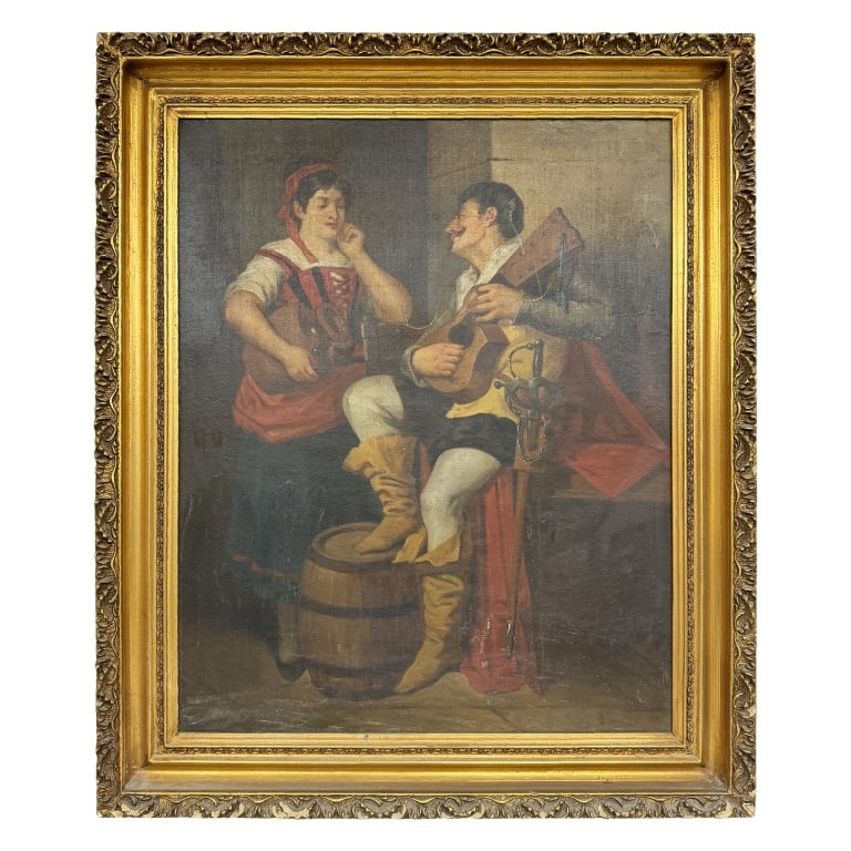 Lute Player & Maiden - Tavern Scene Oil Painting: Item/Description: Original, Italian genre painting depicting a romanticized, theatrical scene of a musician or troubadour serenading a young maiden in an interior setting, likely a wine cellar or tave