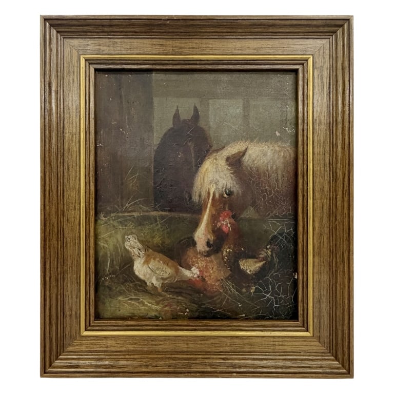John Frederick Herring Stable Painting: Item/Description: 19th century Realist style stable interior oil painting depicting a light-colored pony sharing his feed with a chicken and a rooster while a darker horse looks on. Unknown artist, no