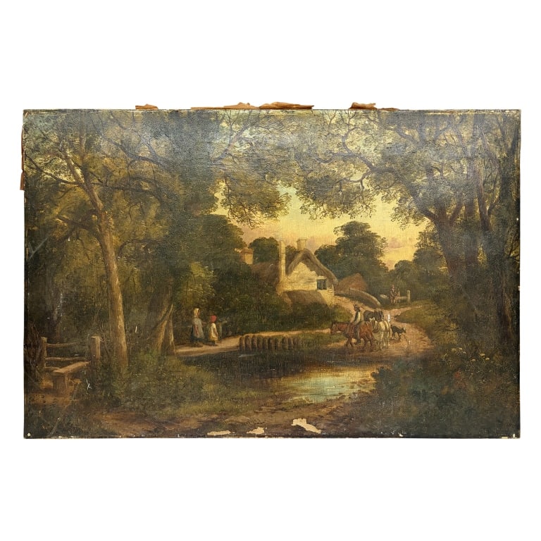 Antique British School Landscape Oil Painting: Item/Description: Original landscape oil painting titled "The Cottage by the Ford near Lapworth, Warwickshire". Hand titled en verso. Unknown artist. No noticeable signature. Image features a rural sc