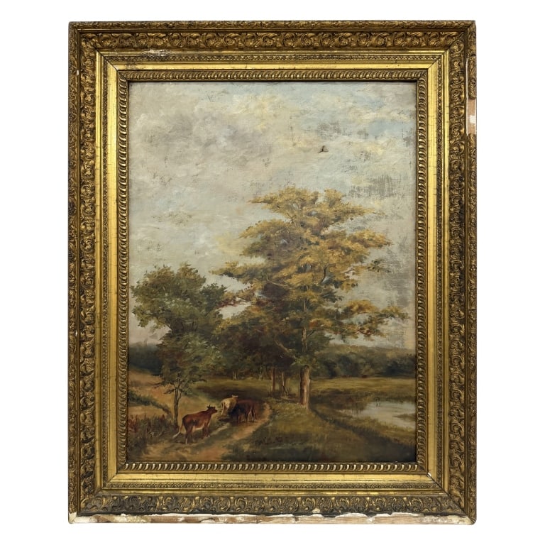 19th C Pastoral Landscape Oil Painting: Item/Description: Antique, pastoral landscape oil painting featuring a rustic countryside scene with cows / cattle traveling down a dirt path. Unknown artist. No noticeable signature. Set in a period,