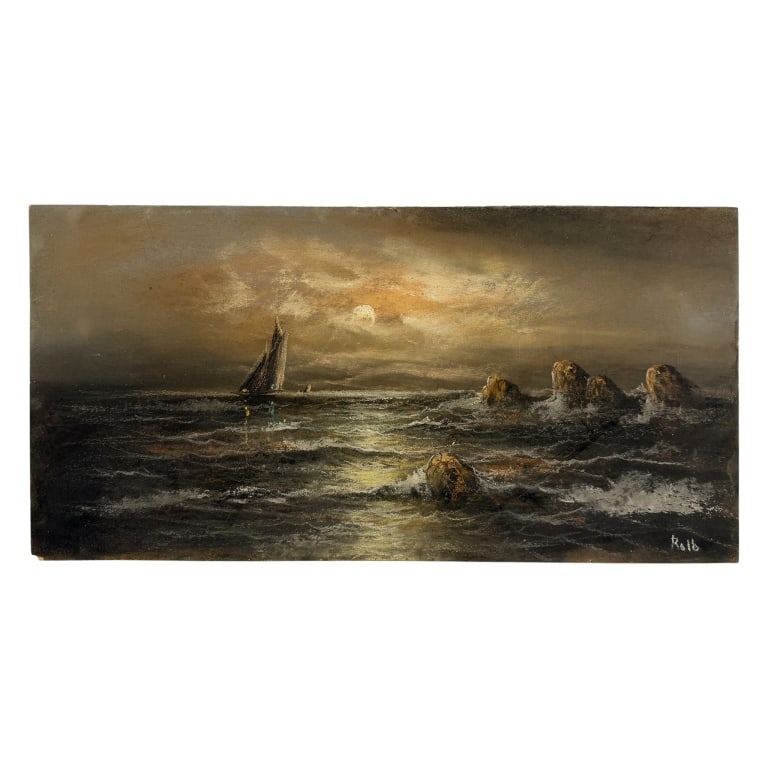 Rolb - Maritime Pastel Seascape: Item/Description: Original twilight seascape depicting a masted sailing boat navigating choppy waves near a group of large, rugged sea boulders. Signed lower right: Rolb. Material: Pastel on Board