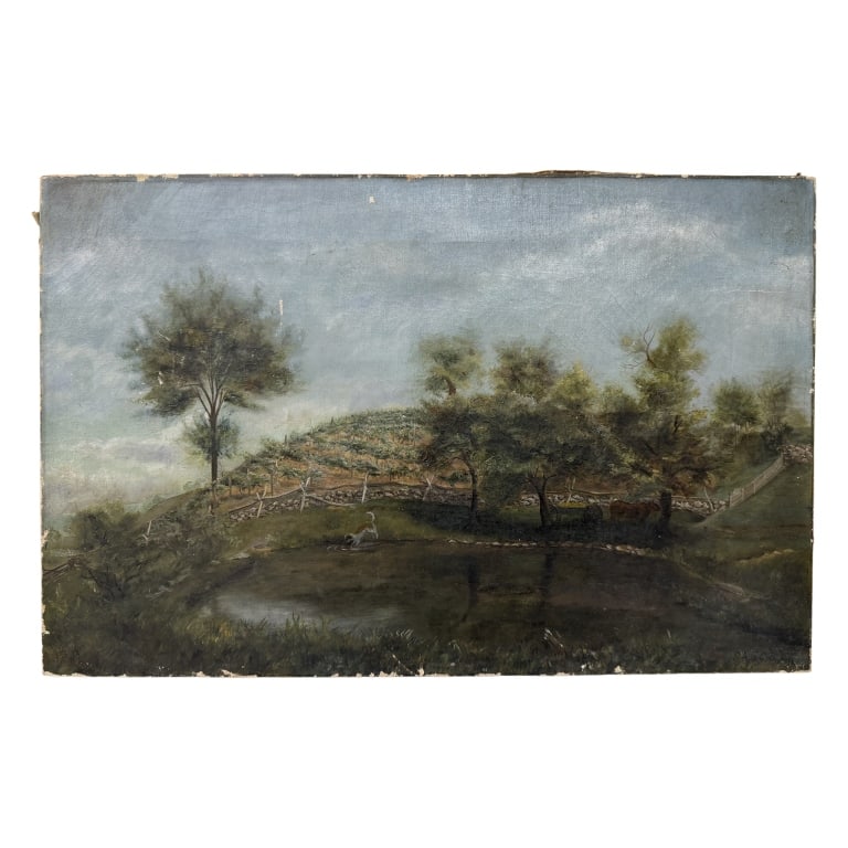 Signed 19th C Pastoral Landscape Oil Painting: Item/Description: 19th century pastoral landscape oil painting signed lower right. A serene, rustic farm scene with a dog drinking from a tree lined pond. Unknown artist. Illegibly signed lower