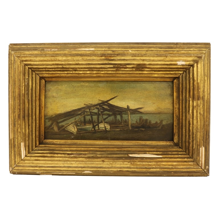 Antique Coastal Landscape Oil Painting: Item/Description: Original oil painting features a make-shift boathouse. Unknown artist. No noticeable signature. Set in a deep giltwood and gesso period frame. (Tonalist, Early Impressionist, Fine Ar