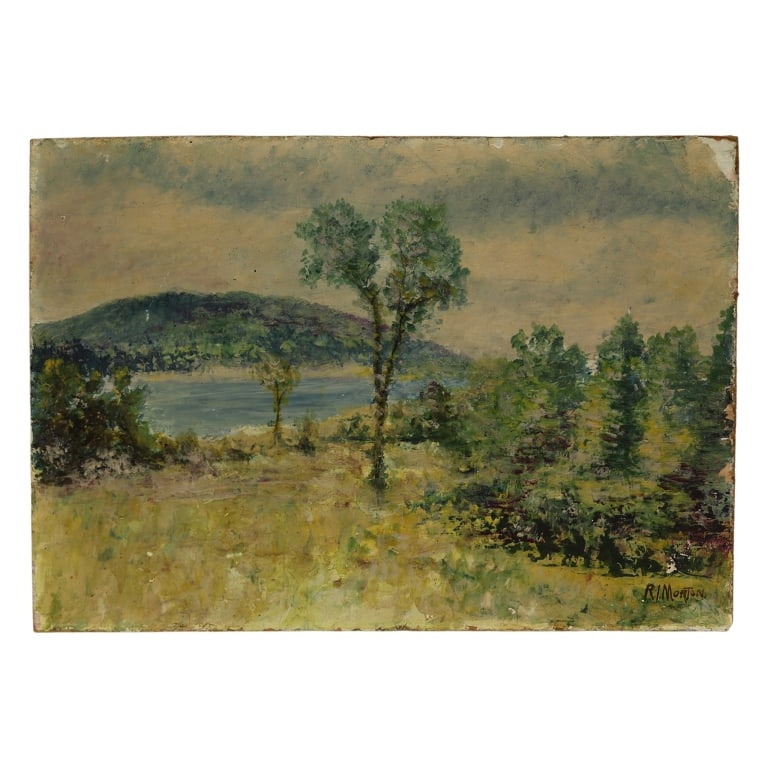 R.I. Morton - Landscape Oil Painting: Item/Description: Original landscape oil painting signed lower right R.I. Morton 45. Image depicts a grassy field by a lake, a tree covered hill in the distance. Unframed. Material: Oil on Board