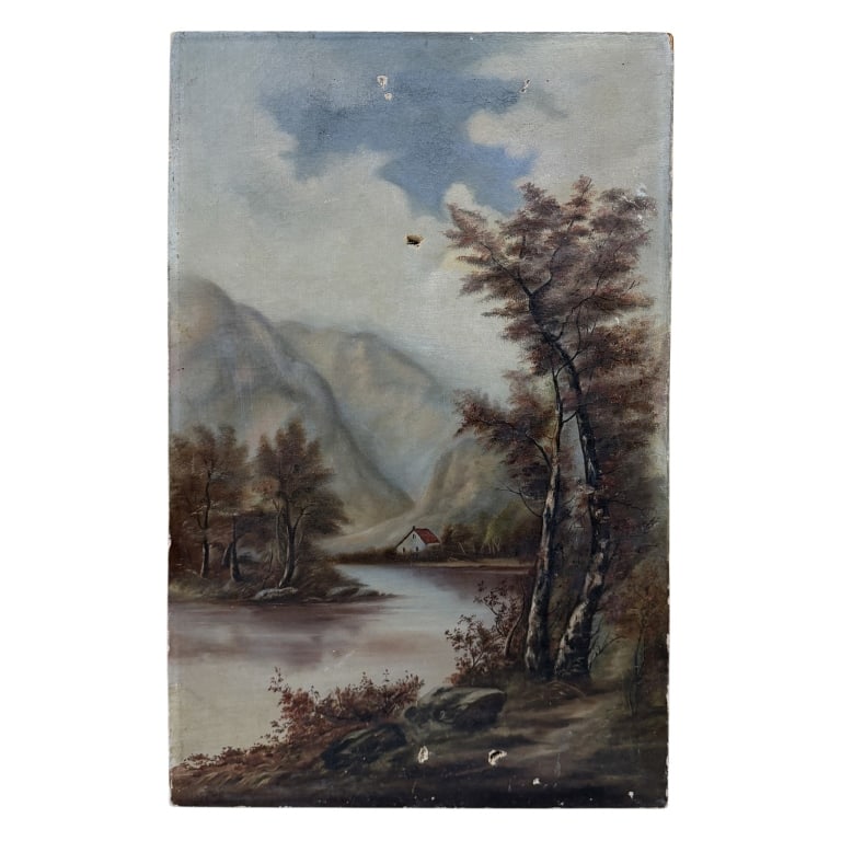 Hudson River School Landscape Oil Painting: Item/Description: Original, antique Hudson River School style mountain landscape painting. Wilderness scene features a cottage on a tree lined riverbank, large mountains in the background. Unknown art