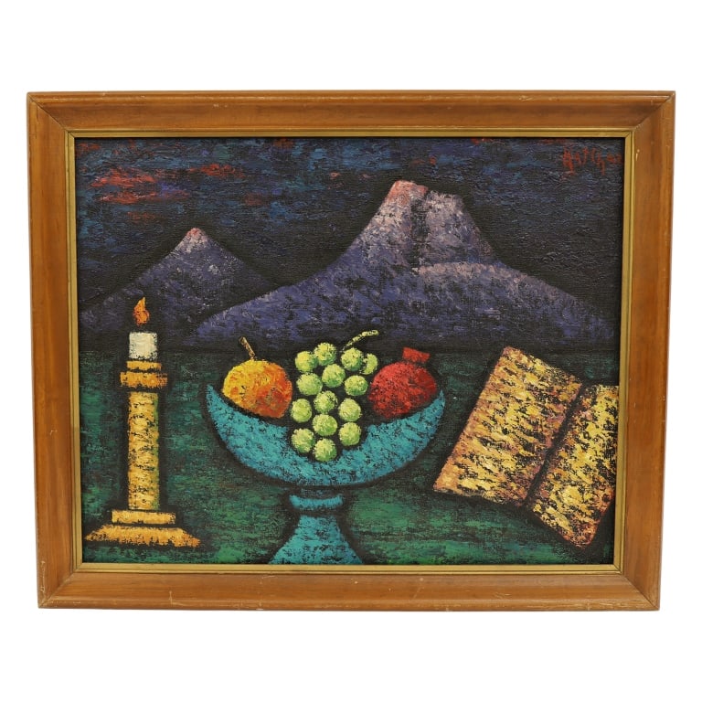 KatChaz - Still Life Oil Painting: Item/Description: Original, religious themed still life oil painting features a lit candle, an open book, and a traditional pedestal footed fruit bowl, against the prominent background silhouette of