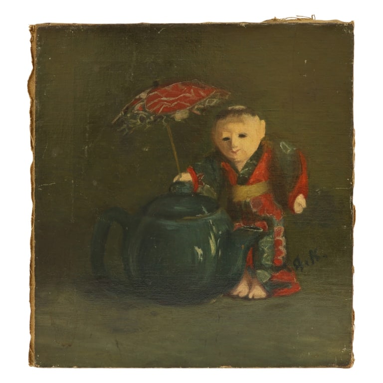 19th C. Japanese Doll & Teapot Still Life Painting: Item/Description: Original still life oil painting depicting a traditional Japanese or Chinoiserie-style doll leaning on a ceramic teapot. Signed to the right of the doll with initials. Unknown