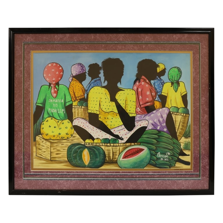Jamaican Market Scene - Folk Art Painting: Item/Description: Original folk painting depicting a traditional Jamaican market scene filled with women vendors and tropical produce. On woman wears a "Jamaica No Problem" shirt. Signed and dated