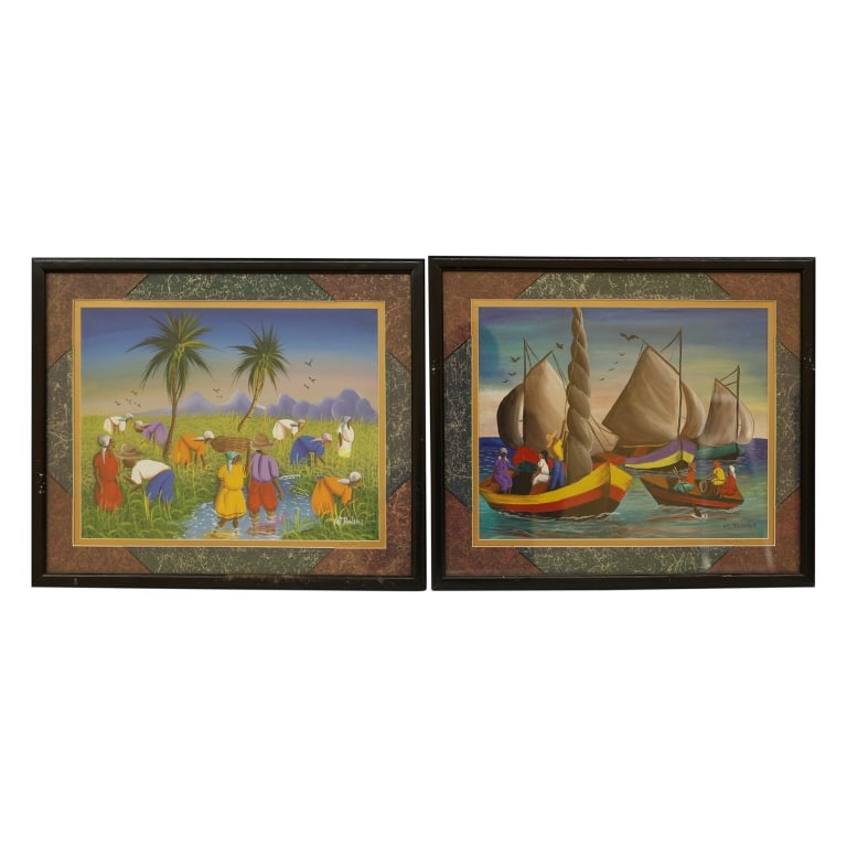 Haitian Folk Art Paintings - Vixamar & Roland: Item/Description: Pair of original, Haitian School landscape folk art paintings depicting harvesting and coastal scenes. The nautical scene features traditional wooden fishing sailboats and local