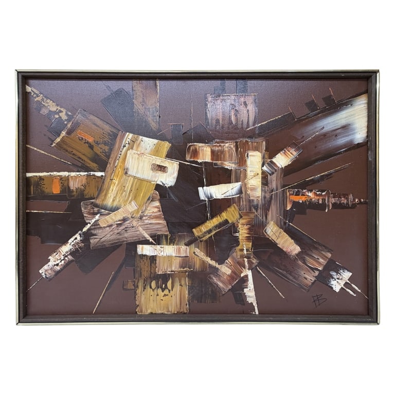 Abstract Expressionist Oil Painting, Signed HB: Item/Description: Original, signed mid-century modern abstract expressionist oil painting. Brutalist impasto technique in earthy tones. Unknown artist. HB monogram signature lower right. (Fine Art, He