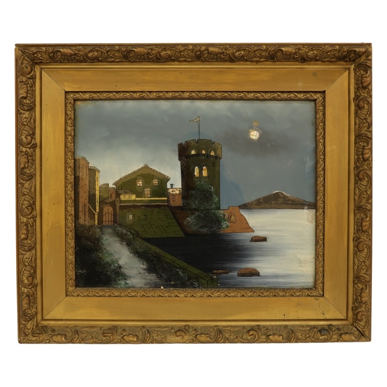 Reverse Glass Painting - Tower Fortress at Night: Item/Description: Reverse glass painting depicting a coastal fort at night. European watchtower positioned beside a body of water under a moonlit sky. Unknown artist. No noticeable signature. Giltwood