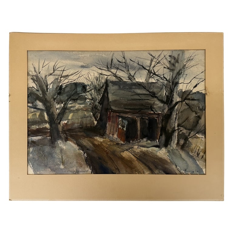 Henry Roddiss - Winter Landscape Watercolor: Item/Description: Original watercolor and ink landscape painting features a small shed on a dirt road, bare trees and a cloudy sky. Signed lower right: Henry '53. Handwritten note on back reads in par