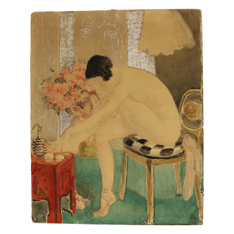 Albert Guillaume, Nude Dancer Belle Epoque Gouache: Item/Description: Original watercolor painting titled "Danseuse" (Dancer) by French painter and celebrated caricaturist Albert Guillaume (1873-1942). Image features a seated nude ballerina. Artist inf