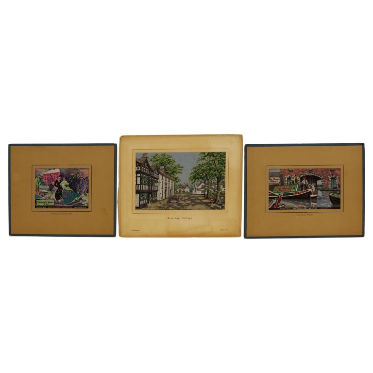 Brocklehurst-Whiston Woven Silk Pictures: Item/Description: Three vintage woven silk images by Brocklehurst Fabrics, Macclesfield England (Post Victorian era Brocklehurst-Whiston Amalgamated Limited BWA). Includes "Hurdsfield House, 1890" (bl