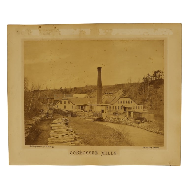 1880 Industrial Paper Mill Albumen Silver Print: Item/Description: Antique photographic albumen silver print capturing a landscape view of the historic Cobbossee Mills, a prominent paper and manufacturing plant located along Cobbosseecontee Stream i