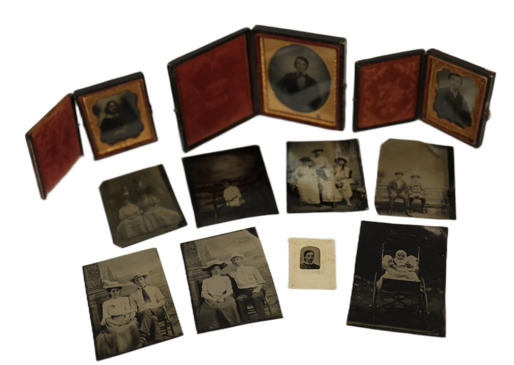 Antique Victorian Photographs & Tintypes: Item/Description: Collection of antique Victorian photographica pieces, featuring cased images, loose tintypes (ferrotypes), daguerreotypes, and early photographic portraits. The collection includes t