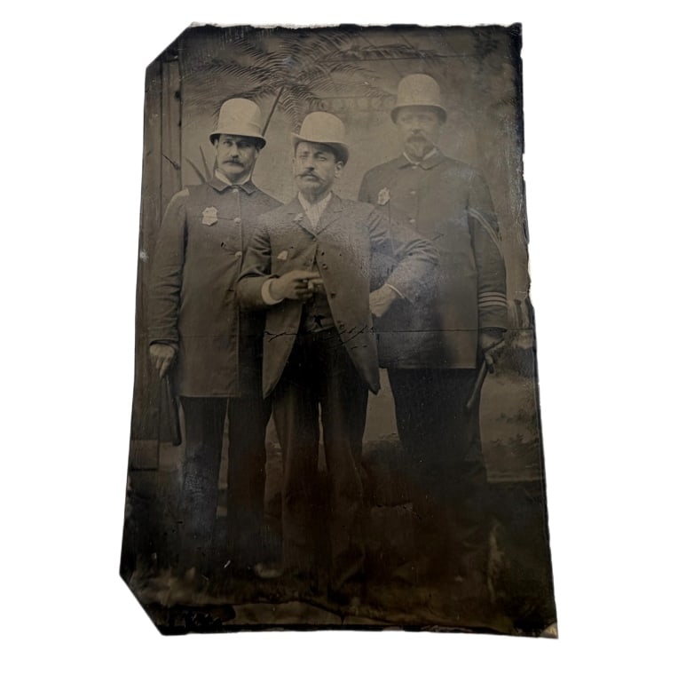 19th c. Police Officers Tintype Portrait: Item/Description: Late 19th-century cabinet-sized ferrotype (tintype) group portrait depicting two municipal law enforcement officers. The uniformed officers are captured in full-length attire, sporti