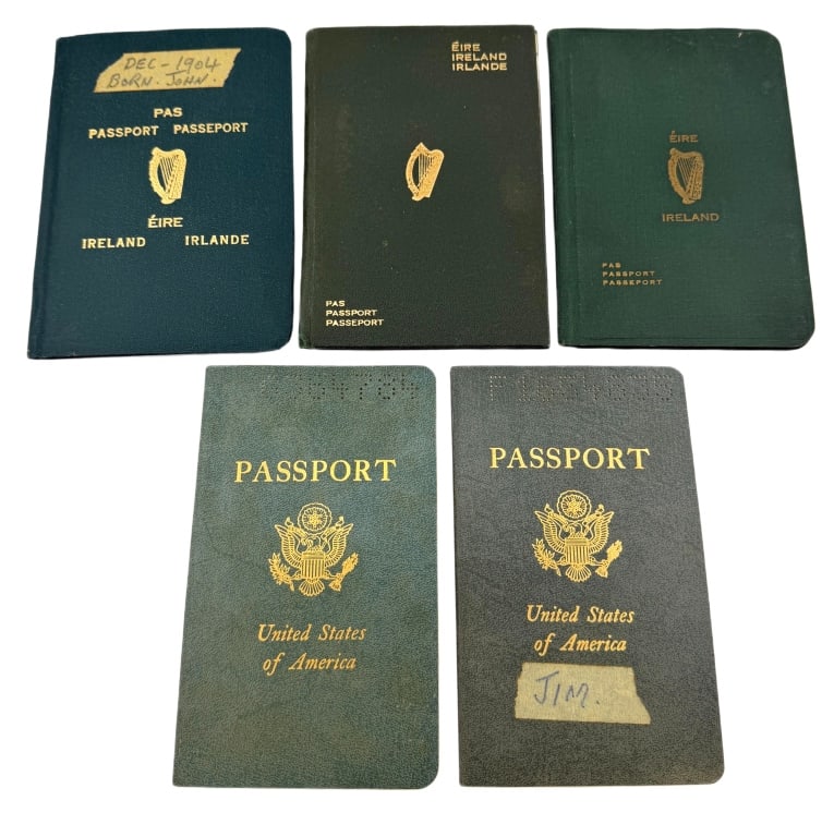 20th c. Irish & US Passports / Emigration Docs: Item/Description: A group of five vintage Irish and United States Passports and travel documents, issued to the same family. Historical ephemera lot consisting of three vintage Irish passports and