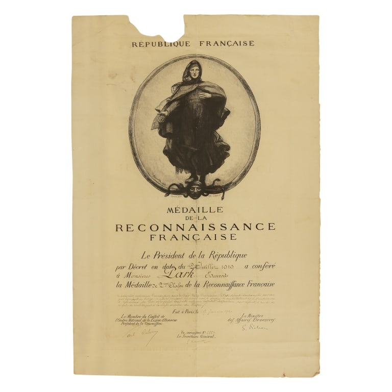 WWI Medal of French Gratitude Diploma: Item/Description: Historical award certificate is an original 1920 engraved paper diploma issued by the French Republic (Republique Francaise) to a civilian named Lark Edwards, officially dated Januar