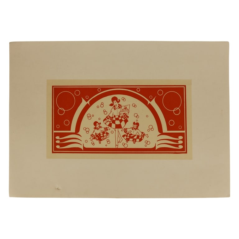 French Art Deco Bubble Soap Box Label: Item/Description: Unused vintage French Art Deco orange bubble soap box commercial advertising label featuring a young girl and two dolls dressed in checkered patterned outfits. Mounted / linen backed