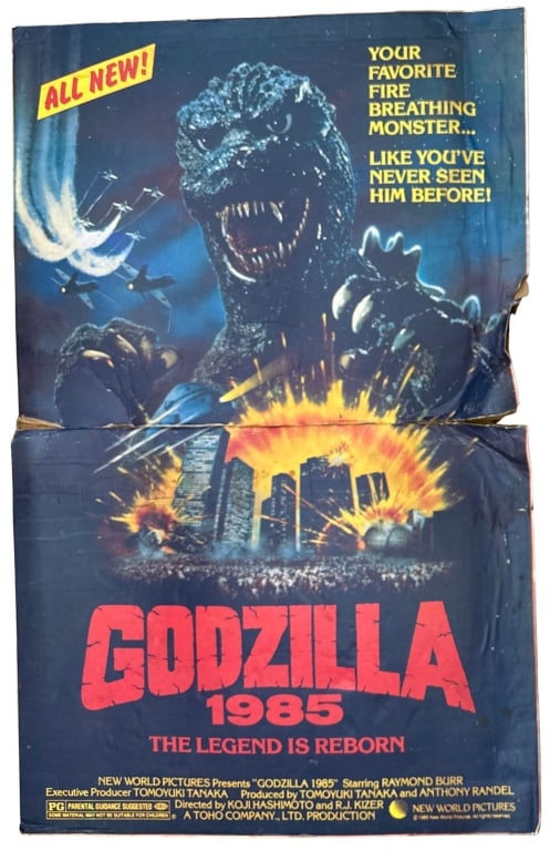 1985 Godzilla Movie Poster Standee: Item/Description: Original 1985 Godzilla (The Return of Godzilla) movie poster, featuring the King of the Monsters towering over Tokyo. 1985 Godzilla New World Pictures cardboard promotional standee.