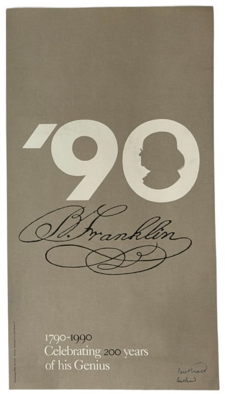 Artist Signed Paul Rand '90 B. Franklin IBM Poster: Item/Description: Original, iconic offset lithograph by legendary modernist American graphic designer and art director, Paul Rand (American, 1914-1996). Commissioned by IBM, the work was created to ce