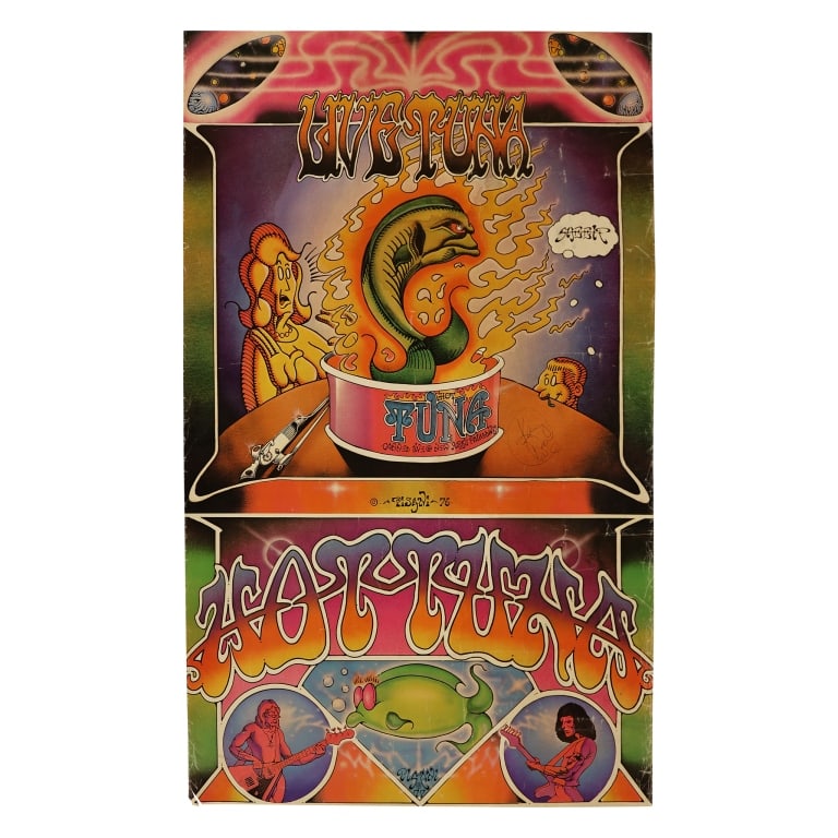Kenny Pisani Signed Hot Tuna Concert Poster: Item/Description: Original 1970s concert poster for the blues-rock band Hot Tuna performing at New York City's Palladium. Hand signed by rock graphic artist Ken Pisani (right of the tuna can), as well