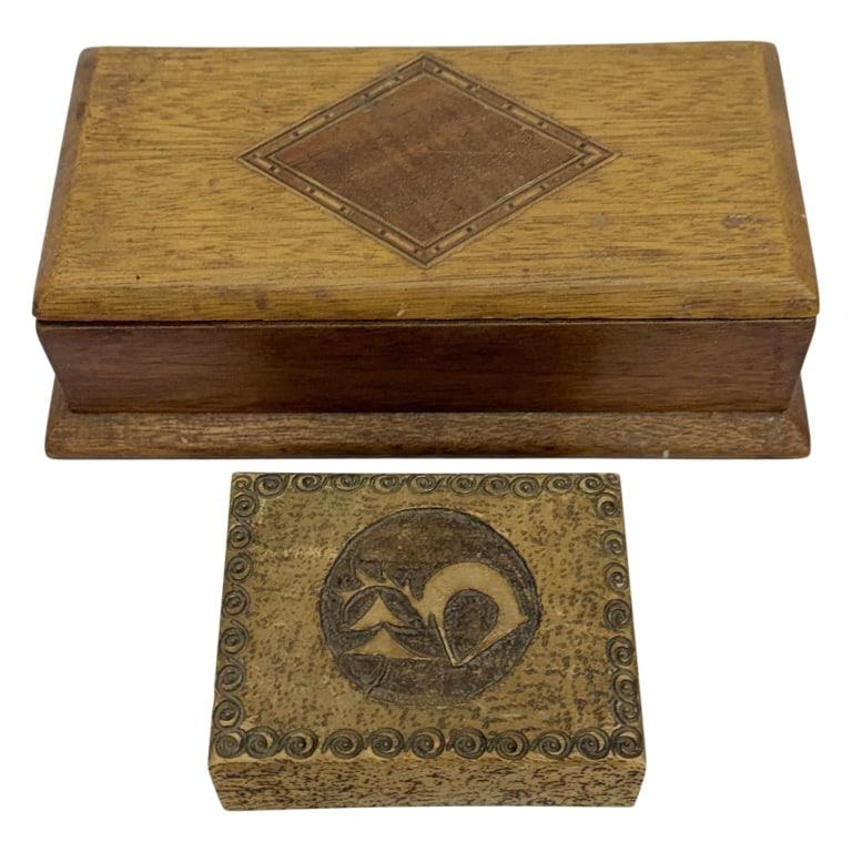 Art Deco Pyrography & Marquetry Wooden Boxes: Item/Description: Two vintage, hand-finished wooden storage boxes showcasing traditional 20th-century decorative woodwork techniques. Wooden rectangular box detailed with a central, inlaid diamond mar