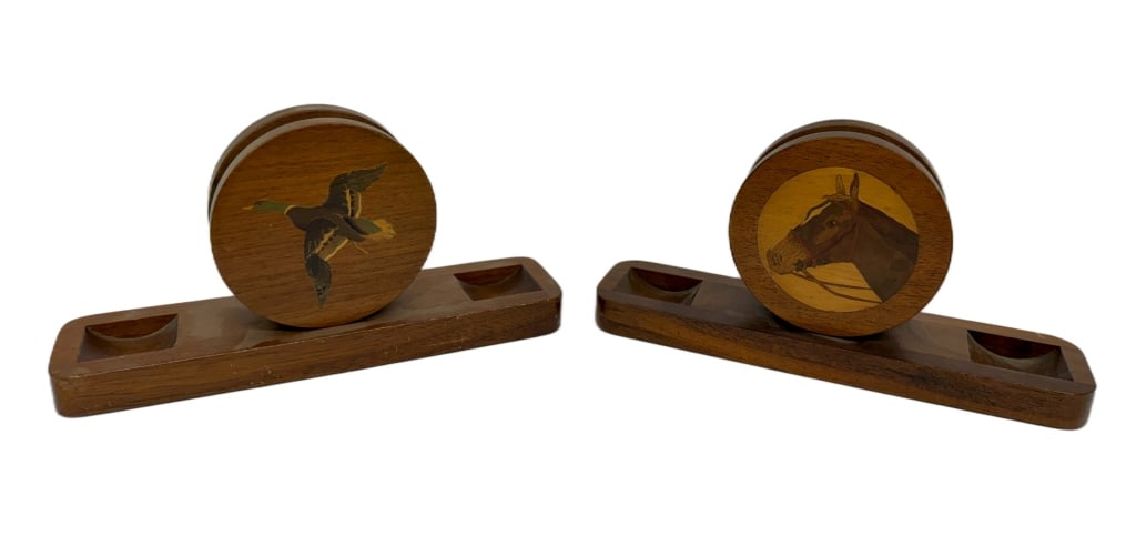 Pair of MCM Horse & Duck Marquetry Coaster Sets: Item/Description: Pair of matching barware organizers features a distinctly masculine, equestrian and sporting aesthetic characteristic of mid-century gentleman's library accessories. Each rectangular