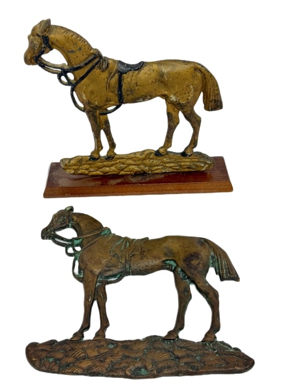 Antique Cast Iron War Horse Mantel Sculptures: Item/Description: Late Victorian to early Edwardian era equestrian mantel sculptures consists of flat-backed cast brass figures depicting a fully tacked stallion and mare. Design features traditional 