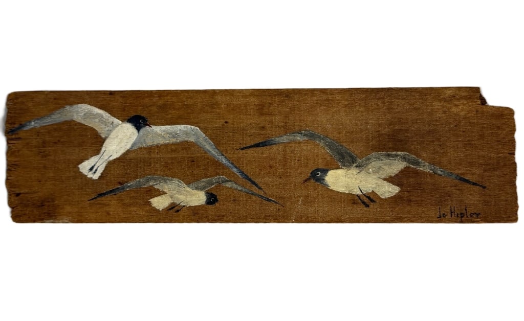 Jo Hipler Seagulls Oil Painting on Driftwood: Item/Description: Mid-20th century American folk art oil painting on salvaged wood or driftwood. Signed lower right by Florida artist, Jo Hipler. Features a trio of black-headed flying seagulls. Hiple