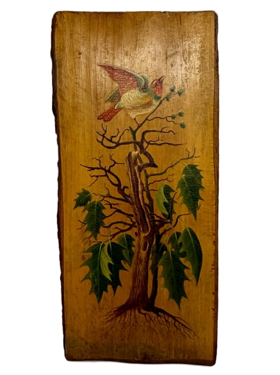 American Folk Art Hand-Painted Wooden Plaque: Item/Description: Early 20th century folk art painting on a vertical, rustic live-edge wooden board with visible natural grain. Composition features a stylized, vibrant bird with crosshatched wings pe