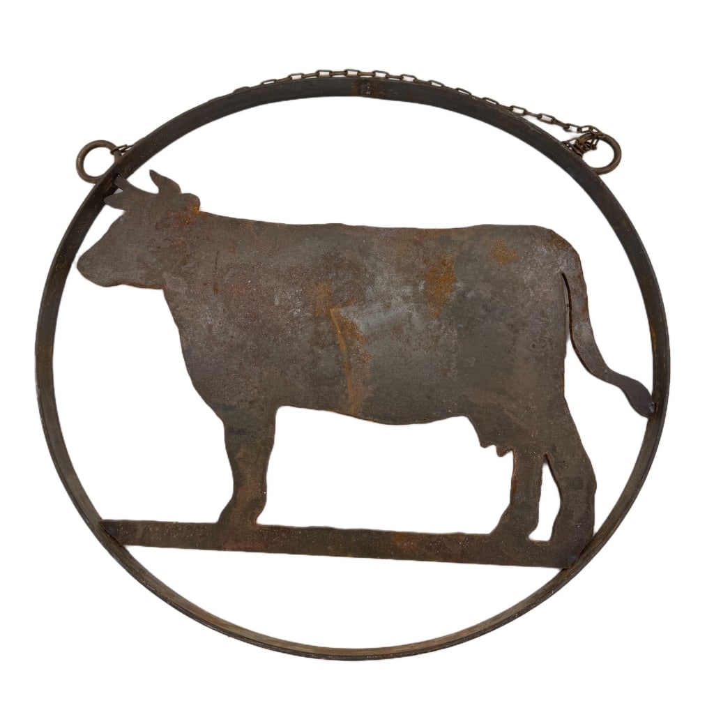 Vintage Iron Cow Farm / Barn Display Sign: Item/Description: Vintage advertising trade sign or rustic farm display featuring a die-cut flat metal silhouette of a cow welded inside a circular iron frame. Folk art utility signs used on barns, bu