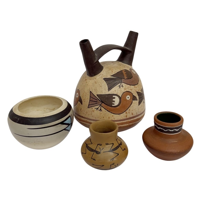 Indigenous American Art Pottery Grouping, Dine: Item/Description: Diverse four-piece collection of a variety of traditional and contemporary indigenous ceramic traditions from North and South America. Includes a large double-spouted stirrup vessel 