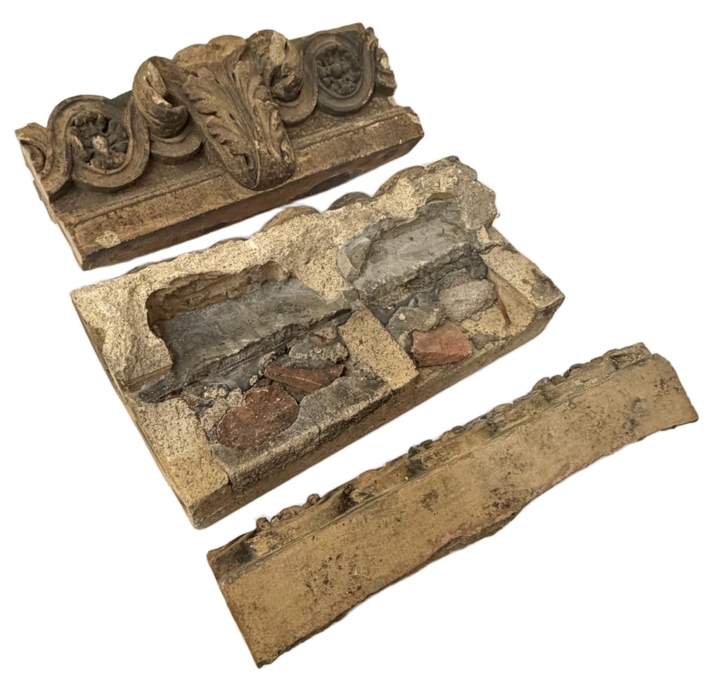 Antique Beaux-Arts Architectural Frieze Fragments: Item/Description: Architectural salvage pieces from the old Carnegie Hall in New York City. Three unglazed New York City Victorian architectural salvage blocks mold-formed from heavy fired terracotta 