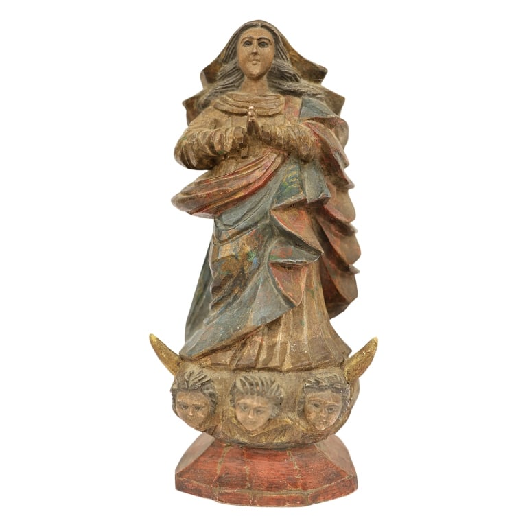 M. Milza - Spanish Santos Carved Mary Sculpture: Item/Description: Antique religious sculpture depicts the Virgin Mary standing in a prayerful posture with her hands clasped on her chest, rendered in a traditional Spanish Colonial Santo style. Immac