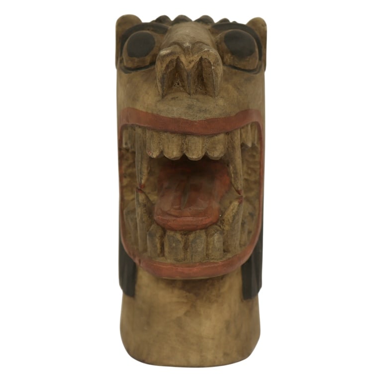 Carved Brazilian Ship Carranca - Signed Severino: Item/Description: Brazilian folk art hand-carved umburana wood carranca, or boat figurehead, signed by Severino. Carranca replicates figureheads once mounted onto the prows of commercial trading boats