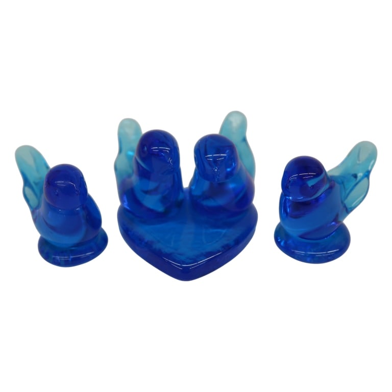 Terra Studios "Bluebird of Happiness" Figurines: Item/Description: Three-piece collection of hand-blown art glass figurines from the celebrated "Bluebird of Happiness" series, comprising of two standalone single bluebirds and a centralized pair of l