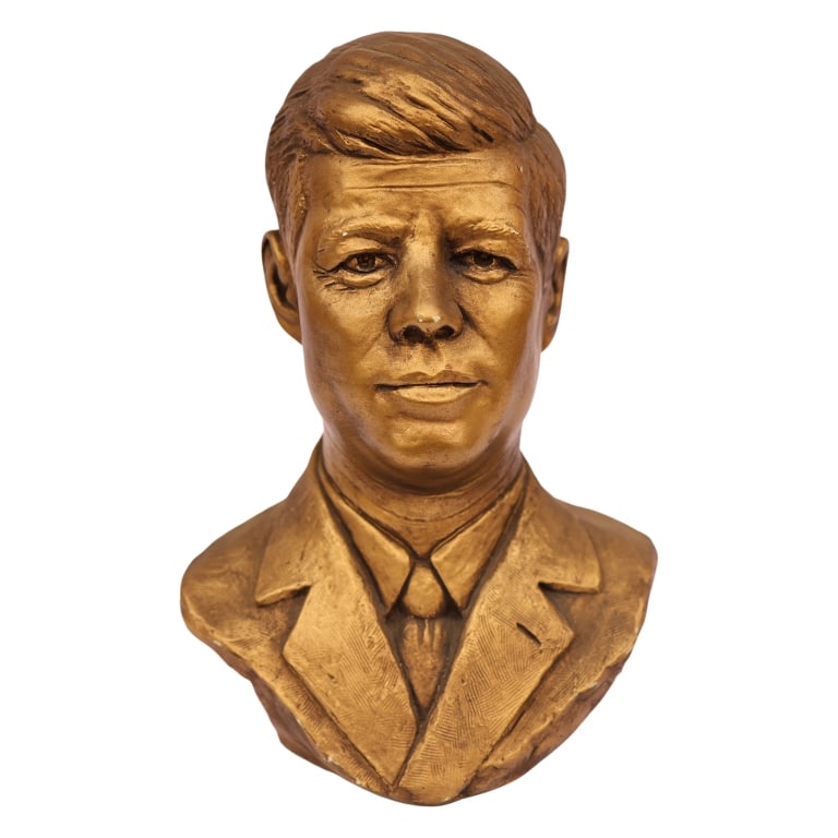 President Kennedy Gilt-Bronzed Plaster Bust: Item/Description: Vintage mid-century presidential commemorative portrait bust sculpture of President John F. Kennedy (JFK) produced shortly after his assassination, circa 1964 by Sim Art. Molded from
