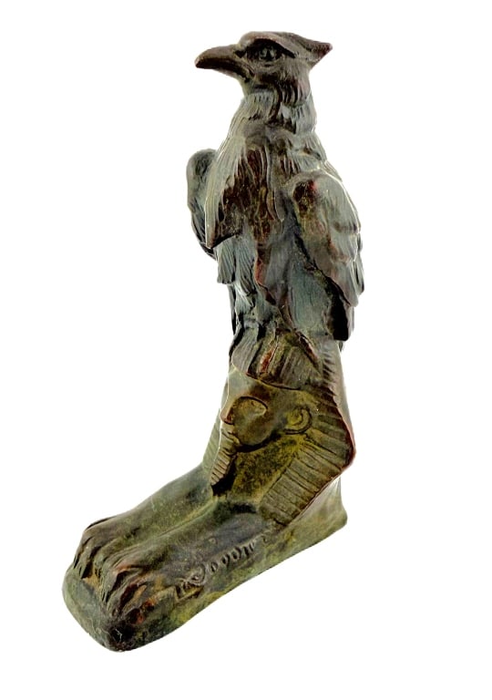 French Egyptian Revival Bronze - Falcon & Sphinx: Item/Description: Bronze sculpture depicting a Sphinx under the protection of a bird of Prey (representing Horus). French Animalier bronze is marked "Made in France" to one side and illegibly signed i